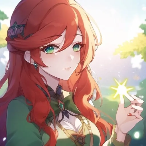 Prompt: Cute female, bright red hair, deep green eyes, magical fantasy fashion, magic, forest background, natural lighting, fantasy, highres, detailed, fantasy art, green eyes, magical, forest, natural lighting, enchanting, detailed clothing, vibrant colorsatmosphere