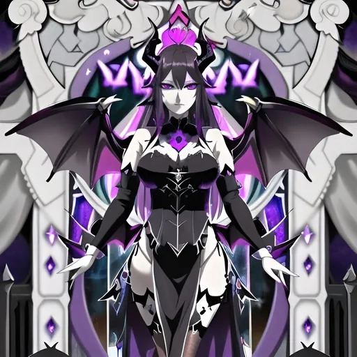 Prompt: full body female, purple dragon wings, curved purple horns, pale gray skin, black hair with blue highlights, deep blue eyes, gothic fashion, gothic arm sleeve, fair skin, sinister lighting, red hotel lobby background, detailed eyes, dragon wings, highres, gothic, sinister, detailed horns, professional, atmospheric lighting