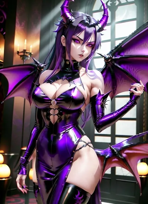 Prompt: Anime style, Tall, full body muscular female, aubergine purple dragon wings, curved aubergine purple horns, pale gray skin, black hair with blue highlights, deep blue eyes, gothic fashion, gothic arm sleeve, fair skin, sinister lighting, red hotel lobby background, detailed eyes, dragon wings, highres, gothic, sinister, detailed horns, professional, atmospheric lighting
