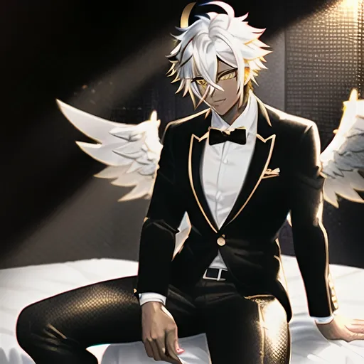 Prompt: Fallen angel male, inky jet black skin, gold eyes, short messy white hair, black angel wings, business casual fashion, bedroom background, sitting on bed, natural lighting, high quality, detailed, realistic, business casual, dark angel, gold eyes, messy hair, detailed wings, atmospheric lighting