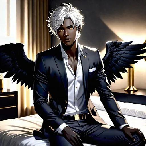 Prompt: Fallen angel male, inky jet black skin, gold eyes, short messy white hair, black angel wings, business casual fashion, bedroom background, sitting on bed, natural lighting, high quality, detailed, realistic, business casual, dark angel, gold eyes, messy hair, detailed wings, atmospheric lighting