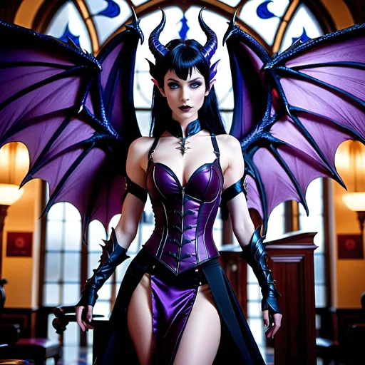 Prompt: Tall, muscular female, aubergine purple dragon wings, curved aubergine purple horns, pale skin, black hair with blue highlights, deep blue eyes, gothic fashion, gothic arm sleeve, fair skin, sinister lighting, red hotel lobby background, detailed eyes, dragon wings, highres, gothic, sinister, detailed horns, professional, atmospheric lighting
