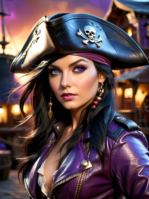 Prompt: Sassy roughish pirate female, long black hair, deep blue eyes, purple leather jacket, pirate hat, village background, warm lighting, high quality, detailed, realistic, pirate style, warm tones, atmospheric lighting, intense gaze