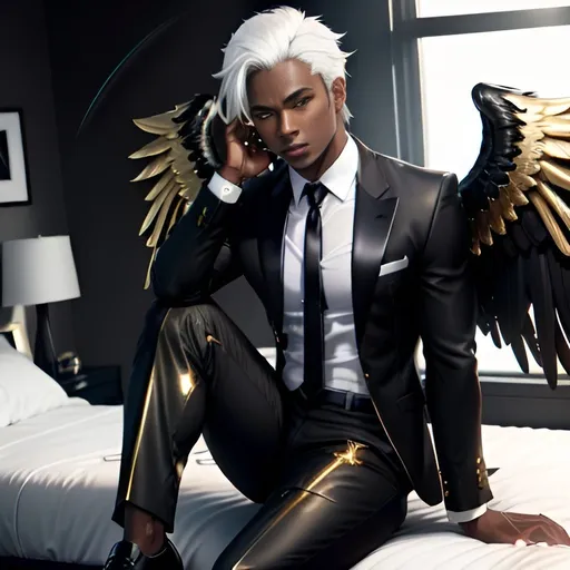 Prompt: Fallen angel male, inky jet black skin, gold eyes, short messy white hair, black angel wings, business casual fashion, bedroom background, sitting on bed, natural lighting, high quality, detailed, realistic, business casual, dark angel, gold eyes, messy hair, detailed wings, atmospheric lighting