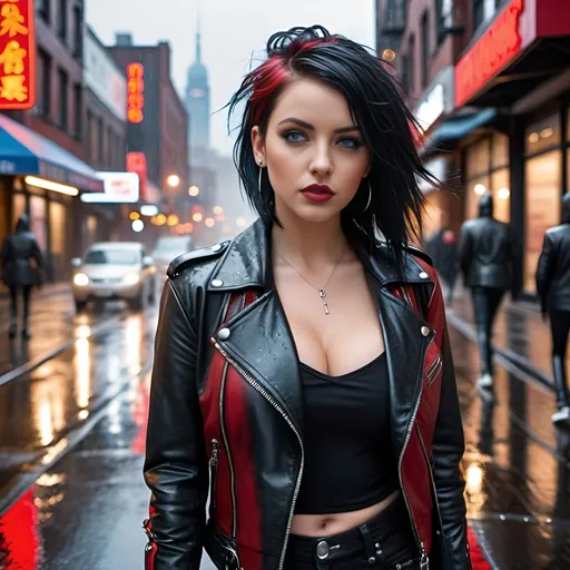 Prompt: Curvy, black hair with red highlights, deep blue eyes, punk leather fashion, city background, natural lighting, walking down the street, raining, highres, detailed, urban, punk, defined features, sleek design, atmospheric lighting, rainy day, cityscape, wet pavement, rainy atmosphere 