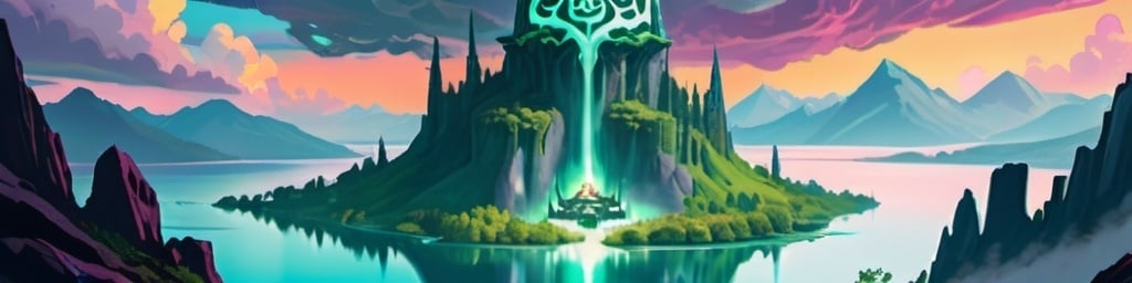 Prompt: a lich face in the clouds overlooking a bright shining elven island city in a lake in the mountains, use bright colours and d&d imagery