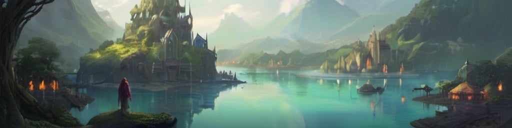Prompt: In The style of Tyler Jacobson. A lich overshadowed a lake with a single island upon which did a brilliant asking elf city. Use bright colours and vibrant imagery.