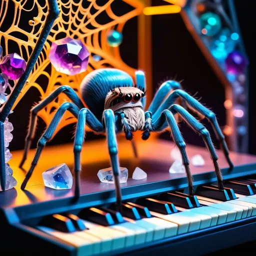 Prompt: (Chromatopelma cyaneopubescens), vibrant and whimsical scene, spider interacting with a (modular Eurorack synthesizer), elaborately detailed, surrounded by (multicolored quartz crystals), surreal ambiance, cool-toned lighting creating an enchanting effect, high-quality and ultra-detailed image, captivating textures, organic integration of nature and technology, deep teal and glowing crystal accents enhancing the atmosphere, imaginative concept blending natural and electronic elements, showcasing creativity in a captivating, dreamy environment.