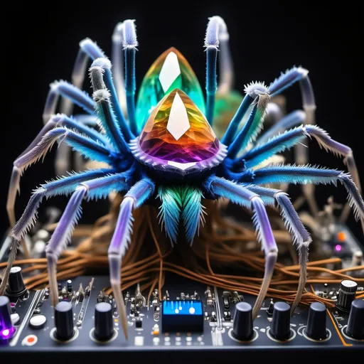 Prompt: (Chromatopelma cyaneopubescens), vibrant modular Eurorack synthesizer, intricate setup of multicolored quartz crystals, fascinating blend of nature and technology, ethereal lighting, cool tone ambiance, surreal atmosphere, hyper-detailed close-up, a balance of organic and mechanical elements, magical harmony, rich textures and patterns, enchanting backdrop, 4K ultra-detailed masterpiece.