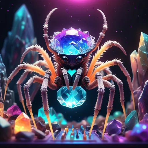 Prompt: (Eurorack synthesizer scene), Chromatopelma cyaneopubescens (vividly detailed, playing stylishly), surrounded by glowing multicolored quartz crystals, dynamic colorful light effects, RPG fantasy game style, whimsical and enchanting atmosphere, highly imaginative background filled with fantastical elements, spellbinding, intricate details, character's expressive posture, 4K ultra-detailed, fantastical ambiance ideal for an engaging game setting.