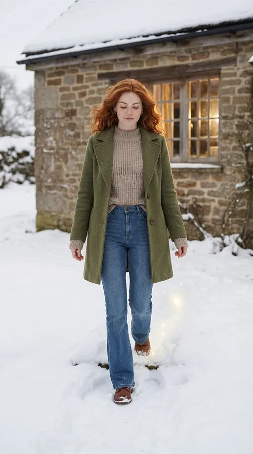 Prompt: Avataria steps outside a rustic stone cottage into untouched, snowy ground.
She wears a moss green wool coat over a neutral-toned knit sweater and full-length flared jeans — no blouse or cropped pants.
Her brown leather boots press into the snow, and only the step directly behind her glows faintly, like fresh energy marking her path.
Her red hair is down, softly tousled, catching a hint of light from the cottage window behind her.
Expression: peaceful and intentional.
Camera captures her mid-step, with no glowing light ahead of her — only behind.

Negative prompt: cropped jeans, blouse, short pants, floating lights ahead of her, glowing fire effect, backwards motion, trench coat, skirt, fantasy glow, face distortion, bare legs, gloves, hat, bright makeup, overexposure