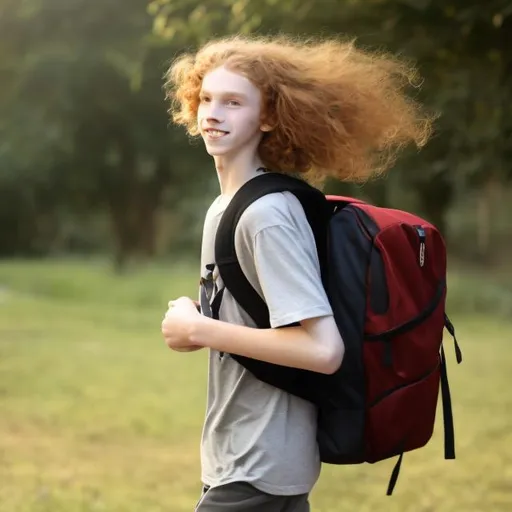 Prompt: tall teenage boy with long red curly hair and pale skin runs with backpack from school to home
