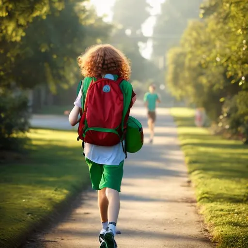 Prompt: tall teenage boy with long red curly hair and pale skin runs with green backpack from school to home

