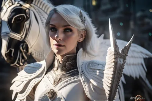 Prompt: woman Sylvie Loki with big green eyes, short white bob, in white leather armor, sits on the white winged steed