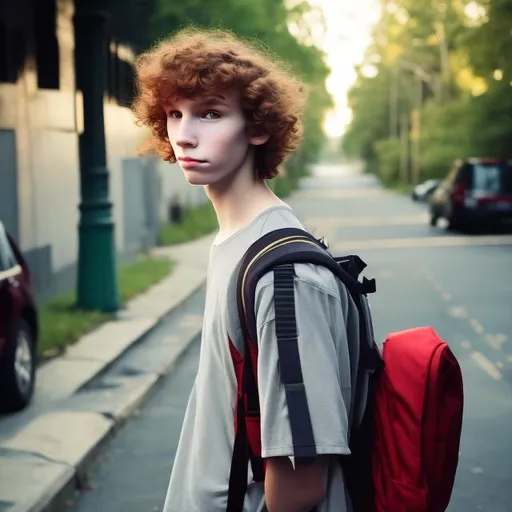 Prompt: tall teenage boy high cheekbones big eyes, with long red curly hair and pale skin runs with backpack from school to home
