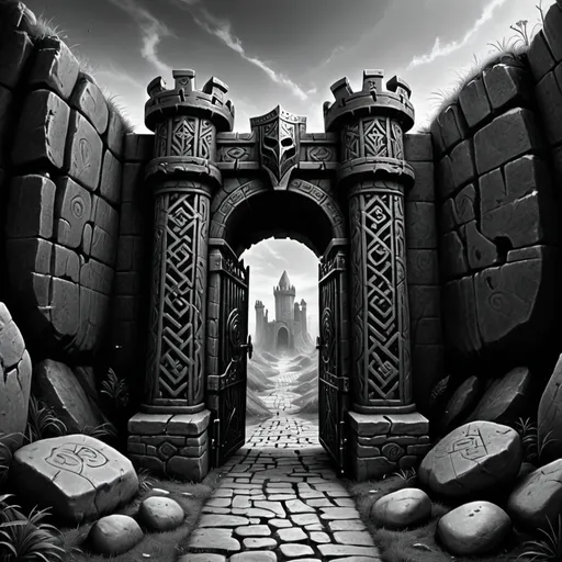 Prompt: Black and White Image:
Unfortunately, I can't provide pictures, but I can describe what a picture might look like:

Landscape: A wide square with a detailed view of rocks and an abyss. The site should be shown as an open area with high, rugged rocks around.

Maze Entrance: The main body of the image should feature a prominent entrance to the maze, such as a massive stone door or gate.

NPC and Fence: The picture should show a Maze Warden in full armor at a fence or gate with a puzzle. The Guardian should be depicted as a massive knight with a sword and shield.

Puzzle Detail: There should be a puzzle engraved on the fence.

Recommendations for Image:
Rock Cliffs and Abyss: Detailed, rugged rocks with a chasm around them.
Fence or Gate: Large, massive, with a carved riddle.
Guardian: A character in heavy armor with a sword and shield.
Artwork: Black and white, with high contrast to convey a dramatic atmosphere.
This image will help visualize the scene and add atmosphere to your game.
a labyrinth of busches

