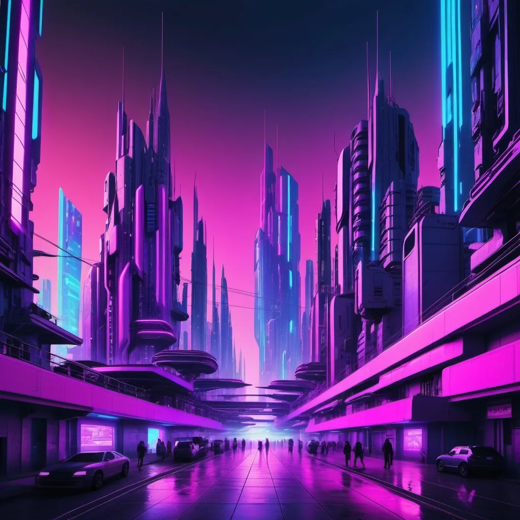 Prompt: pink purple blue fluorescent futuristic modern techno city cyberpunk