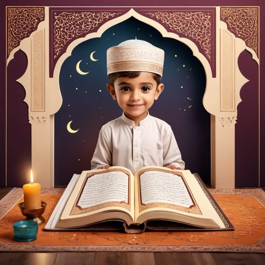 Prompt: Invitation card for the iftar party, bismillah ceremony, kid holding the Quran, elegant calligraphy, warm and inviting colors, softly lit ambiance, high quality, detailed illustration, Islamic art style, warm tones, welcoming atmosphere, venue details, professional, decorative elements, floral motifs, spiritual aura