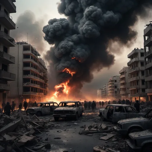 Prompt: Beirut in flames, (chaotic scene), (emotionally charged atmosphere), destruction all around, smoky skies, debris scattered, children crying amidst the chaos, sense of urgency, moody lighting, contrasting shadows, high tension, dramatic colors, ultra-detailed, 4K resolution, evokes deep emotional impact, reflective of war's horrors, contrast of innocence and devastation.