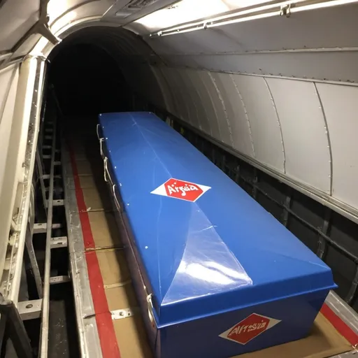 Prompt: There is a blue plastic coffin in the cargo hold of the AirAsia plane.
