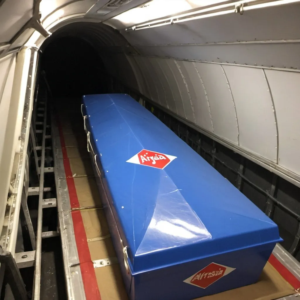 Prompt: There is a blue plastic coffin in the cargo hold of the AirAsia plane.
