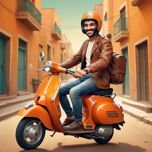 Prompt: Iranian man riding a Vespa motorcycle, smiling, wearing a helmet, plain orange background, high quality, detailed illustration, realistic, vibrant colors, retro style, detailed facial features, genuine smile, authentic expression, vintage Vespa design, atmospheric lighting, full view of bike and biker, motorcycle looking forward