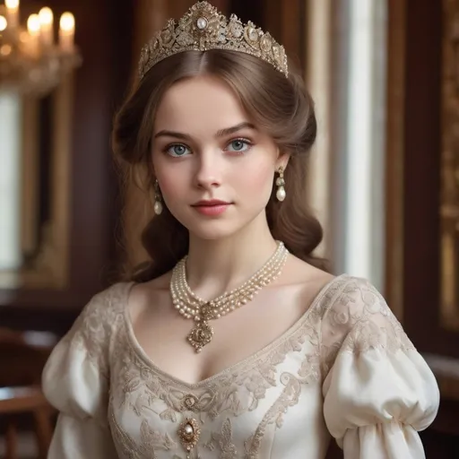 Prompt:  "masterpiece realistic of  Anastasia Romanov, depicted as a beautiful and adorable young woman, with perfectly symmetrical eyes, dressed in elegant attire from the time of the Russian Tsars. Describe an entire body shot of this character, exuding grace and charm. She stands with poise and regal bearing, her chestnut hair styled in delicate curls, adorned with jewels fit for royalty. Her eyes, flawlessly symmetrical and sparkling with innocence and curiosity, draw you in with their captivating gaze. Dressed in a gown of opulent silk and lace, embellished with intricate embroidery and pearls, she embodies the epitome of aristocratic beauty. Her slender figure is accentuated by the flowing fabric, and her gentle smile radiates warmth and kindness. Against the backdrop of a grand ballroom or a lush garden, she appears as a vision from a bygone era, enchanting all who behold her with her timeless elegance."
