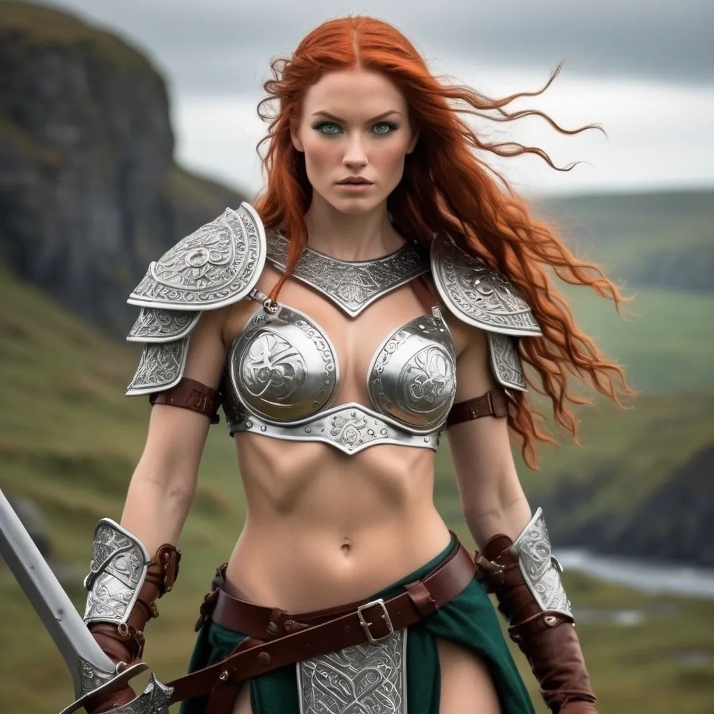 Prompt: 
 "Visualize Red Sonja reimagined as a beautiful cute 21-year-old Irish woman, possessing a perfectly symmetrical and striking appearance. Describe an entire body shot of this character, radiating strength and beauty. She stands tall and poised, her fiery red hair flowing freely like a river of flame, framing her chiseled features. Her emerald-green eyes, perfectly symmetrical and captivating, gleam with determination and intelligence. Clad in armor reminiscent of ancient Celtic design, adorned with intricate knots and patterns, she embodies both grace and power. With one hand resting confidently on the hilt of her sword, she exudes an aura of warrior prowess. Against the backdrop of the rugged Irish landscape, she stands as a symbol of resilience and strength, ready to conquer any challenge that crosses her path."