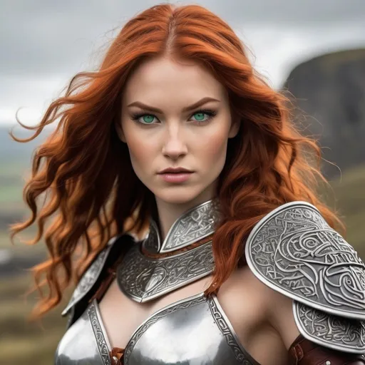 Prompt: 
 "Visualize Red Sonja reimagined as a beautiful cute 21-year-old Irish woman, possessing a perfectly symmetrical and striking appearance. Describe an entire body shot of this character, radiating strength and beauty. She stands tall and poised, her fiery red hair flowing freely like a river of flame, framing her chiseled features. Her emerald-green eyes, perfectly symmetrical and captivating, gleam with determination and intelligence. Clad in armor reminiscent of ancient Celtic design, adorned with intricate knots and patterns, she embodies both grace and power. With one hand resting confidently on the hilt of her sword, she exudes an aura of warrior prowess. Against the backdrop of the rugged Irish landscape, she stands as a symbol of resilience and strength, ready to conquer any challenge that crosses her path."