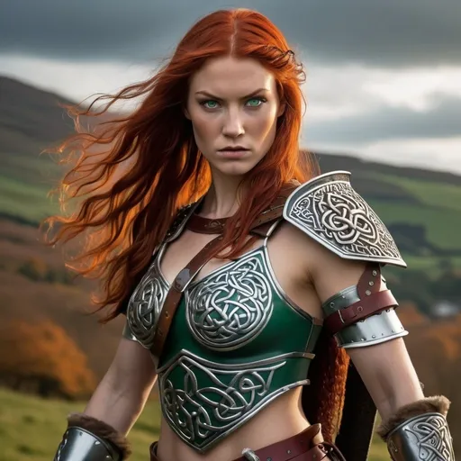 Prompt: "Imagine Red Sonja reimagined as a 21-year-old Irish woman, embodying the same strength and warrior spirit. Describe a mid-body shot of this character, standing confidently with a powerful presence. Her vibrant red hair flows behind her, reminiscent of autumn leaves ablaze. Her piercing green eyes exude determination, reflecting her unwavering resolve. Clad in armor adorned with Celtic symbols, she stands tall, a symbol of Celtic resilience. One hand rests firmly on the hilt of her sword, ready to defend against any foe. The backdrop reveals the rugged beauty of the Irish countryside, adding to the sense of Celtic mystique surrounding her."

