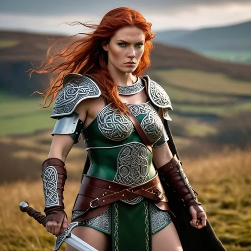 Prompt: "Imagine Red Sonja reimagined as a 21-year-old Irish woman, embodying the same strength and warrior spirit. Describe a mid-body shot of this character, standing confidently with a powerful presence. Her vibrant red hair flows behind her, reminiscent of autumn leaves ablaze. Her piercing green eyes exude determination, reflecting her unwavering resolve. Clad in armor adorned with Celtic symbols, she stands tall, a symbol of Celtic resilience. One hand rests firmly on the hilt of her sword, ready to defend against any foe. The backdrop reveals the rugged beauty of the Irish countryside, adding to the sense of Celtic mystique surrounding her."

