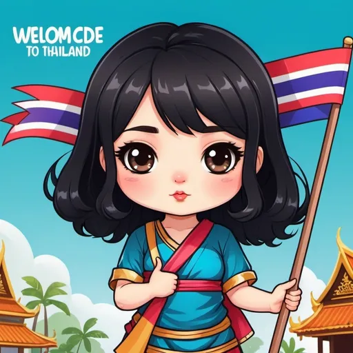 Prompt: Chibi kawaii cute cartoon illustration, a gilr with black hair, saturated colors holding a hand banner. Banned have "welcome to my thailand travel journey"