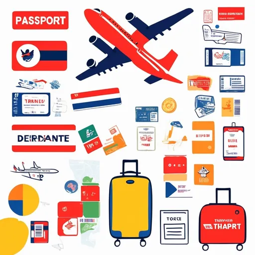 Prompt: illustration character design, cartoonish whimsical style.travel related elements like passport, suitcase, plane, boarding pass, flight ticket, Thailand flag, departure board, bright colors simple shapes,white backdrop. Give space between these elements