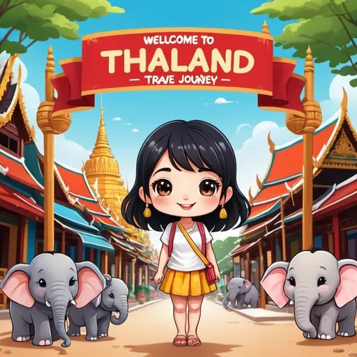 Prompt: Chibi kawaii cute cartoon illustration, a gilr with black hair, saturated colors holding a hand banner. Banned have "welcome to my thailand travel journey"