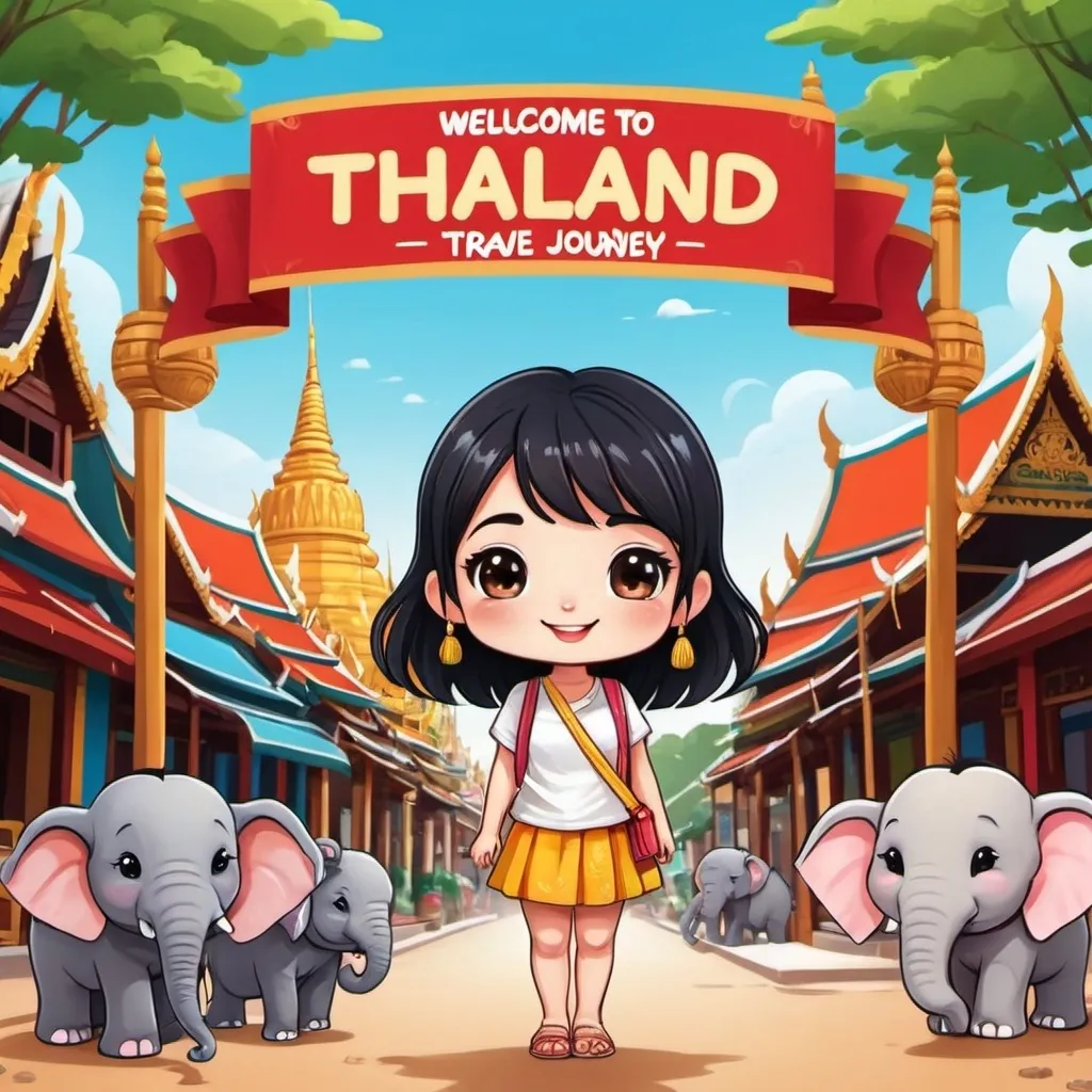 Prompt: Chibi kawaii cute cartoon illustration, a gilr with black hair, saturated colors holding a hand banner. Banned have "welcome to my thailand travel journey"