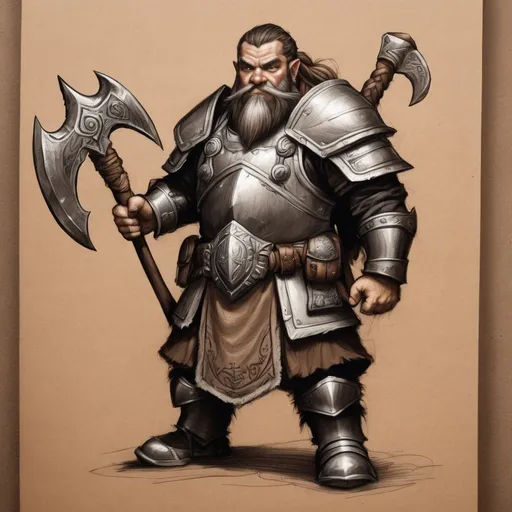 Prompt: Sketch of a dwarf with braids, detailed metal armor and axe, on light brown paper, World of Warcraft art, pencil texture, detailed, high quality, fantasy, traditional sketch, metal armor, braided hair, detailed axe, World of Warcraft, light brown paper, pencil texture, textured details, atmospheric lighting