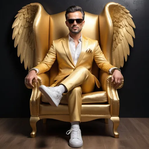 Prompt: Create realistic picture where a An elegant man  in a Golden shirt suit casually on a Wingback Chair. Wearing sneakers and sunglasses, he is looks ahead. The background features "هنا" in big and capital 3D gold texture fonts on the black wall and YouTube home page with a profile photo
