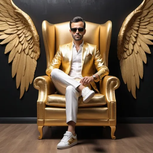 Prompt: Create realistic picture where a An elegant man  in a Golden shirt suit casually on a Wingback Chair. Wearing sneakers and sunglasses, he is looks ahead. The background features "هنا اسمك" in big and capital 3D gold texture fonts on the black wall and YouTube home page with a profile photo
