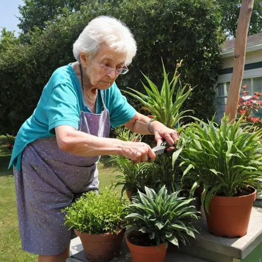Prompt: A grandma cutting plants..
