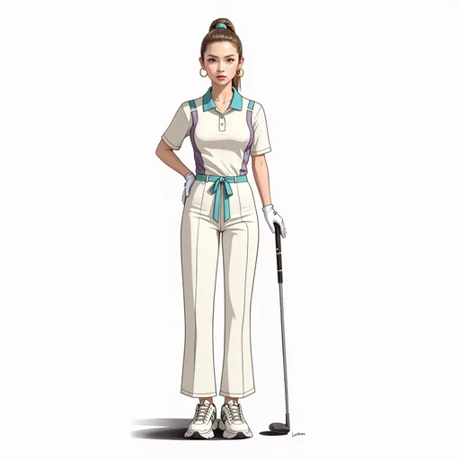 Prompt: Technical fashion flat sketch of a viral-worthy golf outfit for Gen Z (ages 18-25), full-body front view, clean lines on white background. The design blends elegant tailoring with streetwear edge, using Stanley Quencher’s trending color strategy: soft neutrals + playful pops of color.

Color Palette (Stanley Quencher-Inspired):

    Base: "Oat Milk" (warm creamy white) – for the polo and trousers

    Accent 1: "Elderflower" (muted lavender-pink) – for shoe details, ribbon belt

    Accent 2: "Poolside" (soft aqua blue) – for mesh panel inserts, glove trim

    Neutral: "Stone" (light taupe) – for sneaker soles, stitching

    Metallic: Brushed gold hardware (belt buckle, hair clip)

Outfit Details:
1. Top:

    Mock-neck polo in Oat Milk stretch-crepe

    Mesh panels in Poolside at sides/back (breathable contrast)

    Hidden button placket (no zipper for modesty)

    Extended hem (tucks into waistband, no crop)

2. Bottom:

    High-waisted trousers in Oat Milk with Stone vertical pinstripes

    Elastic waist with Elderflower satin ribbon tie-back

3. Shoes:

    Chunky platform golf sneakers in Oat Milk leather

    Thick sole in Stone with Elderflower and Poolside speckles

    Hidden spikes (barely visible)

4. Hair & Accessories:

    High ponytail with Poolside velvet scrunchie

    Sheer gloves with Elderflower grip dots

    Mini gold hoop earrings

Pose & Style:

    Model standing with golf club, one hand on hip

    Callouts: Label "Quencher-inspired colors" and "viral aesthetic"

    Art Style: Ultra-crisp technical sketch (like Alo Yoga’s flat lays)