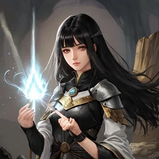 Prompt: history of black-haired, gray-eyed female mage in fantasy world
