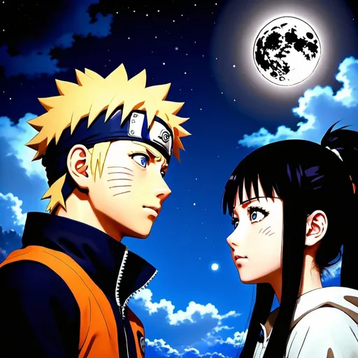 Prompt: High-quality anime scene of Naruto and Hinata facing the moon, moonlit night, detailed facial features, intense and emotional gaze, anime, detailed hair, moonlight reflections, serene atmosphere, romantic, highres, anime, moonlit, detailed eyes, emotional, serene lighting