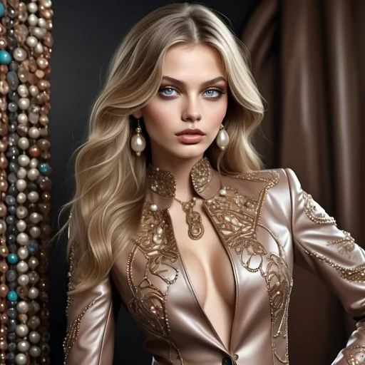 Prompt: Full height, supermodel, realistic, detailed eyes, lips, long dark blonde hairs leather suit, fashionable style, some pearls precious stones in costume, natural beauty and artistic patterns are very delicate. The complex design of the color series looks at natural beauty and artistic comfort, art digital, 8k, glossy magazine