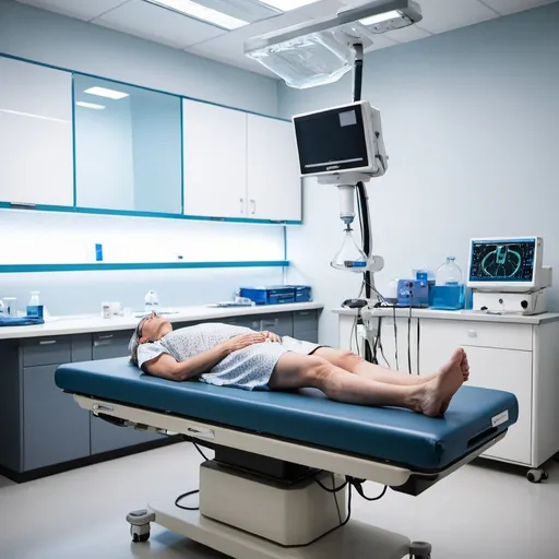 Prompt: A patient laying on a PEMF bed in a laboratory clinic