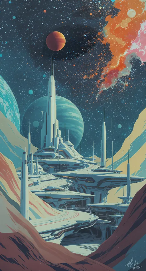 Prompt: A Surrealism minimalist vintage vector busy Futuristic space port and cosmic bodies in the background in vivid color., detailed, 4k, hdr,use Light and dark turquoise, yellow, orange red and other shades
