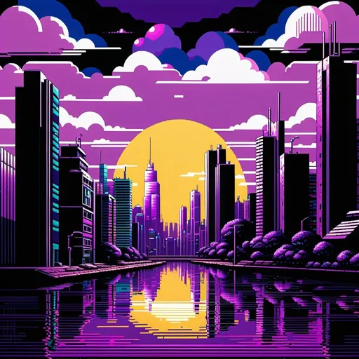 Prompt: retro digital pixelart of a dystopian city landscape for DOS SNES with dithering shading 16-bit colour depth masks raster pixiv purple monochrome