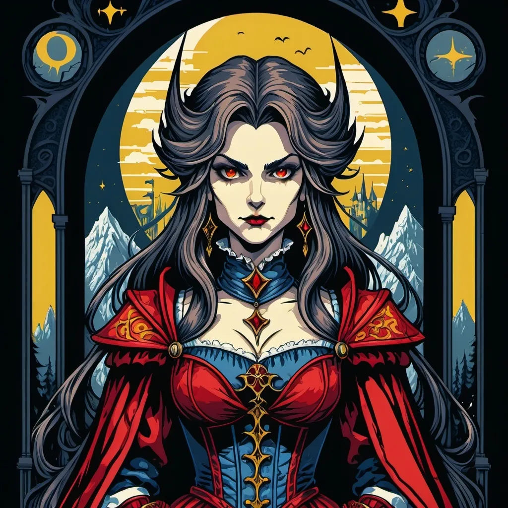 Prompt: Tarot card style. Transylvania Castlevania EGA pixel art from the 1990s. Drawn by pixelparmesan, LUX, ット絵 ピクシブ, Itzah, シブチャ, 無題 いの. Stanley Rosewood. Full colours, Surrealism Mysterious Weird, Fantasy. detailed masterpiece. Portrait. Bit-depth, dithering, anti-aliasing, CRT. Pompous. Inspired by Alphonse Mucha