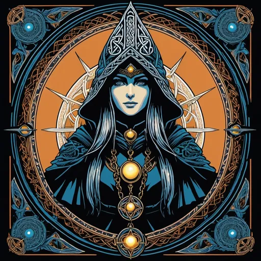 Prompt: tarot card style, vintage detailed sci-fi illustration, Celtic ink illustration + symmetry + bloodborne EGA pixel art from the 1990s. Drawn by pixelparmesan, LUX, ット絵 ピクシブ, Itzah, シブチャ, 無題 いの. Full colours, Surrealism Mysterious Weird, detailed masterpiece. full body shot. Bit-depth, dithering, anti-aliasing, CRT
