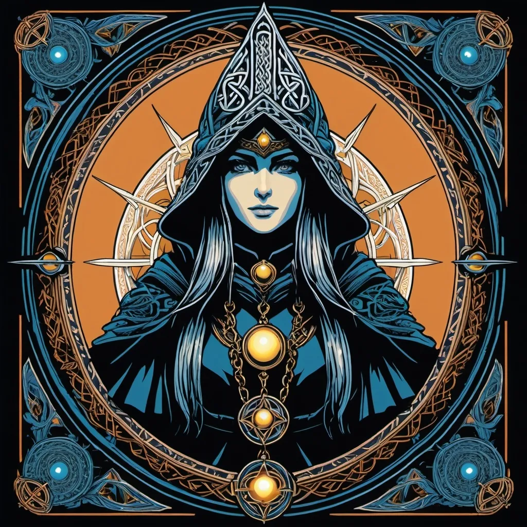 Prompt: tarot card style, vintage detailed sci-fi illustration, Celtic ink illustration + symmetry + bloodborne EGA pixel art from the 1990s. Drawn by pixelparmesan, LUX, ット絵 ピクシブ, Itzah, シブチャ, 無題 いの. Full colours, Surrealism Mysterious Weird, detailed masterpiece. full body shot. Bit-depth, dithering, anti-aliasing, CRT
