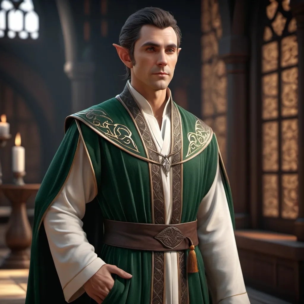 Prompt: Hyperrealistic Full body shot of a male Lawful Good Elf Wizard. Professional, perfect composition, unreal engine 8k octane, 3d lighting, UHD, HDR, 8K, render, HD, trending on artstation. Masterpiece, high-quality. Comfortable flowing robes, spellcaster, nimble and agile, elvish gothic. Dark brown hair, beautiful earl grey eyes, pointed ears. Wearing long, flowing royal robes made of silk-like materials with high-necked collars. 